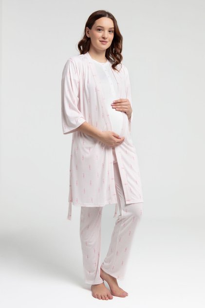 Kadın Bisiklet Yaka Baskısız Yazlık Regular Fit Beyaz Lohusa Takım AR3266-S-V1