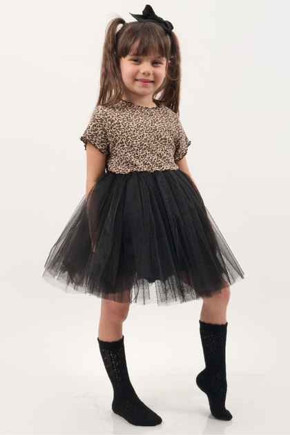 Leopard Printed Summer Short Sleeve Girls Dress with Skirt Tutu Skirt