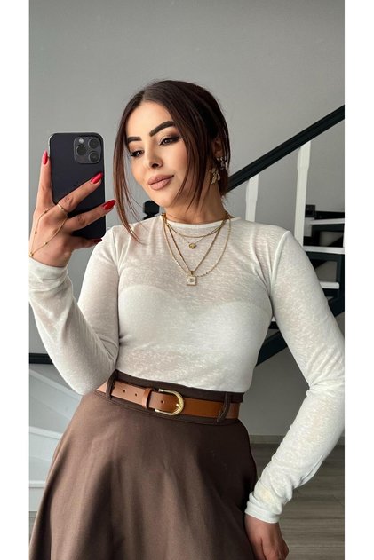 Ecru Crew Neck Semi-Transparent Blouse