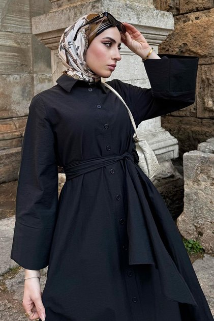 Black Shirt Dress with Wide Belt