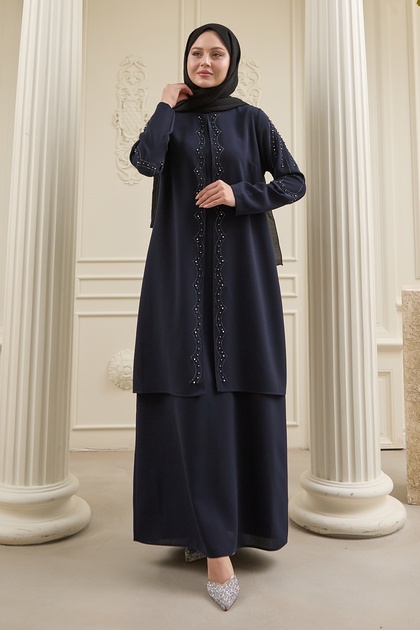 Pearl Piece Detail Dark Navy Blue Abaya