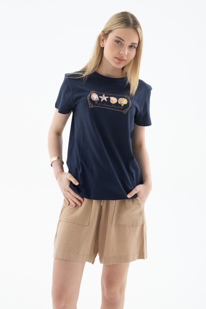 Printed 100% Cotton T-Shirt Navy Blue