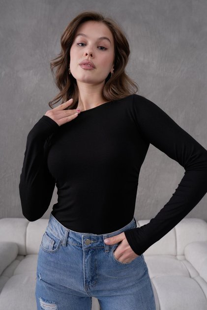 Women's Black Boat Neck Gathered Long Sleeve Blouse Lycra Viscose Badi 99