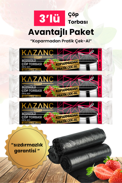 Kazanç Büzgülü Çöp Poşeti Orta Boy Çilek Kokulu 3'lü