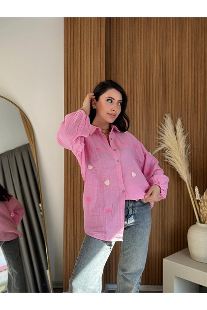 Women's Light Pink Heart Embroidered Muslin Fabric Pinterest Shirt