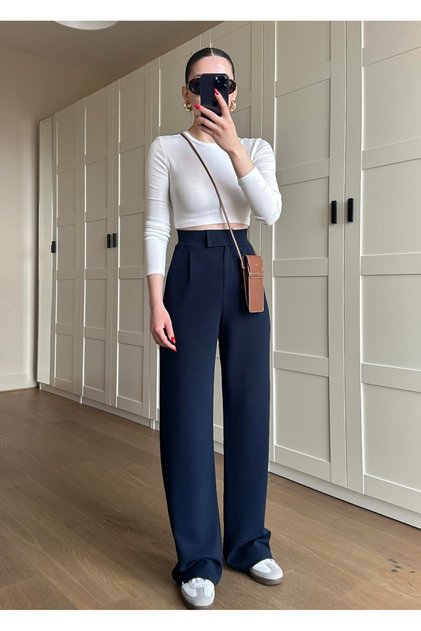Tess Women's Lycra Velcro Closure Navy Blue Palazzo Trousers