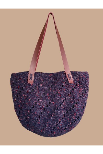 Navy Blue and Red Glitter Round Mesh Bag Leather Handle Shoulder Bag