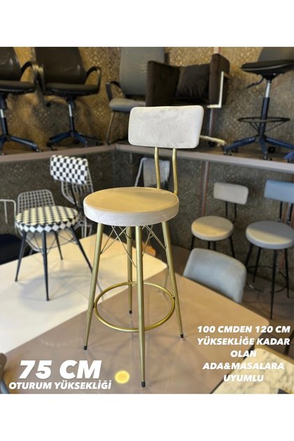 Yeni Mila Bar Sandalyesi Mat(Eskitme) Gold Bej Babyface Kumaş.75 Cm Oturum Yüksekliği
