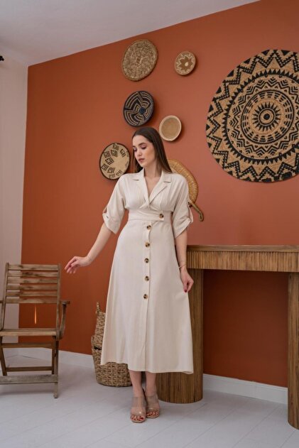 REKA MODA Beige Buttoned Linen Dress- Trendyol