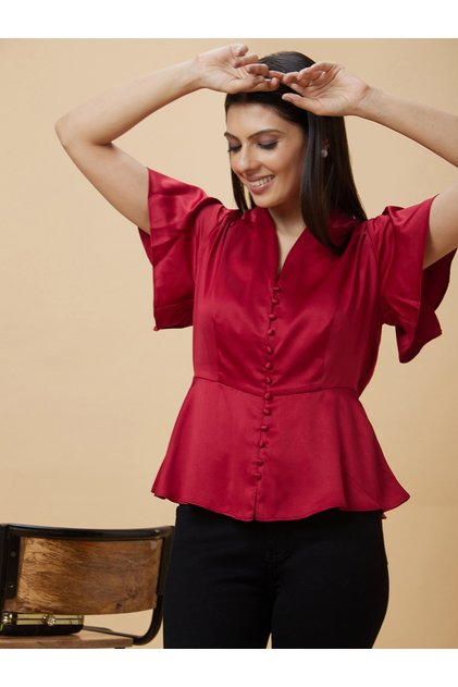 Satin Frill Sleeve V-Neck Top with Buttons