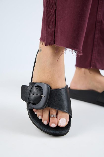 (Alandra 2) Women's Genuine Leather Single Buckle Black Slippers