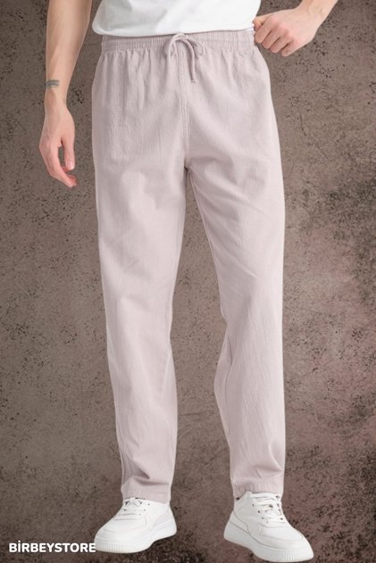 Summer Linen Trousers Raw Fabric Sweatpants Elastic Waist Unisex Comfortable Fit (Cream)