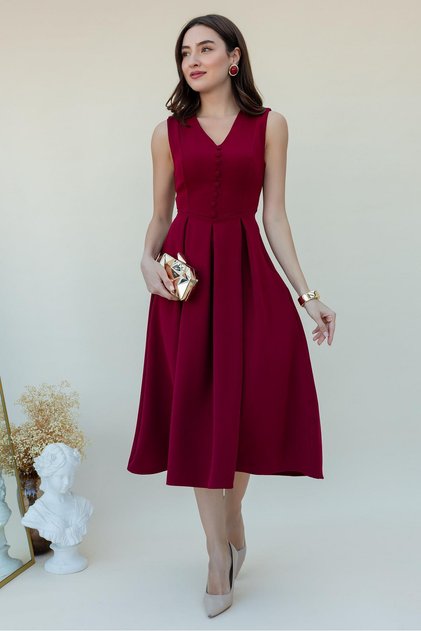 Women's Burgundy V Neck Button Detail Midi Dress