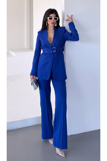 Women's Belted Jacket and Trousers Set Cobalt Blue