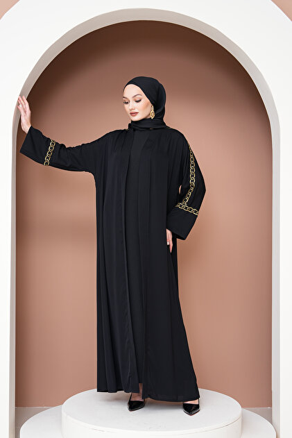 Gold Zincir Dantelli Abaya Dubai İpeğinden Şık ve KAliteli Özel Seri Abaya