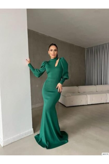 Rochie de seară maxi lungă din țesătură de scuba importată, cu mânecă lungă, cu balon, cu mânecă lungă