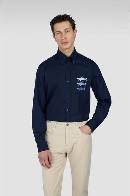 Erkek Regular Fit Göğsü Shark Logolu Pamuklu Uzun Kollu Lacivert Gömlek