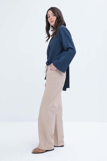 Beige-Lycra Wide Leg Gabardine Trousers