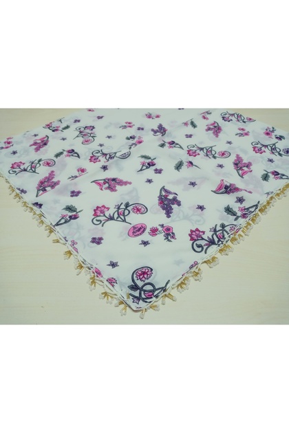 Handmade patterned scarf fabric with hand-crocheted ring beads, yemeni lace, 4-sided lace trim