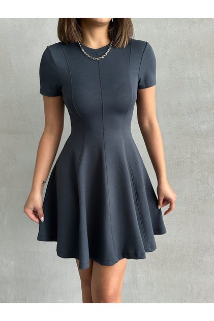 Women's Anthracite Soft Fabric Mini Dress with Waist Fitting