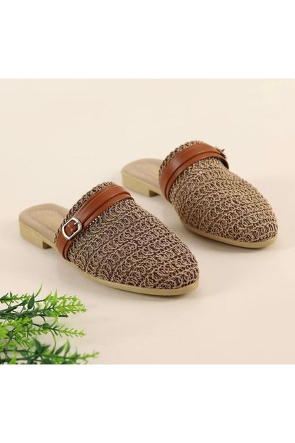 Leather Strip Detail Tricot Slippers