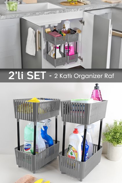 2 Adet 2 Katlı Düzenleyici Mutfak Banyo Rafı - Tezgah Altı Raf Evye Altı Dolap Organizer Gri