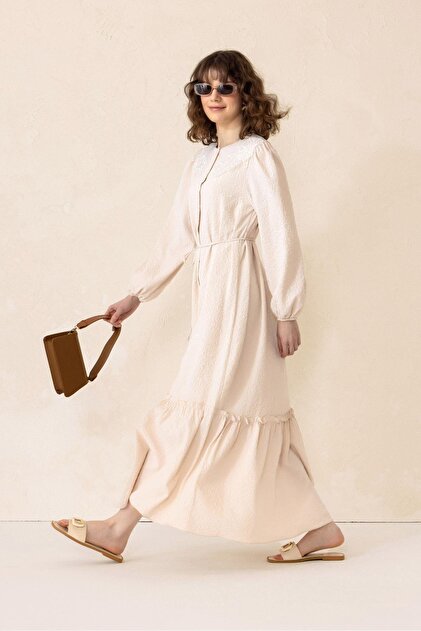 Olcay Jacquard Long Dress with Scallop Detail Beige 9298-E- Trendyol