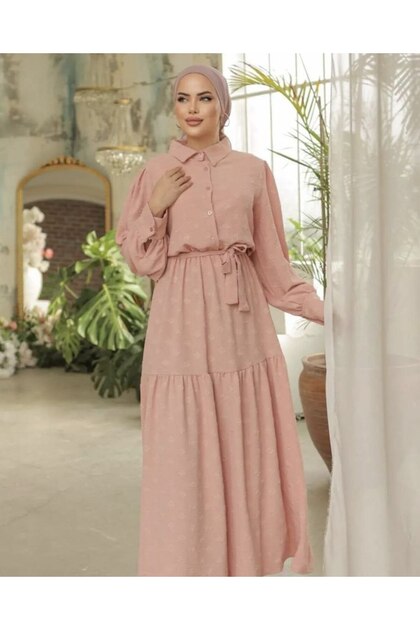 Women's Powder Self Textured Belted, Long Balloon Sleeves Casual Long Aerobin Dress 3550350
