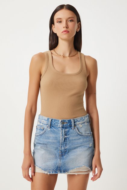 Ribbed Thick Strap Knitted Undershirt Bi̇sküvi̇ Lhj0001