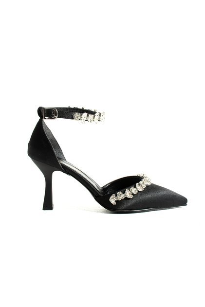 Eni Black Satin Stone Stripe Detail Women's Heeled Shoes