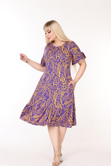 Plus Size Knee-Length Sleeve And Skirt Ruffle detailed short sleeve Stylish Pocket Viscose Combed Cotton Dress