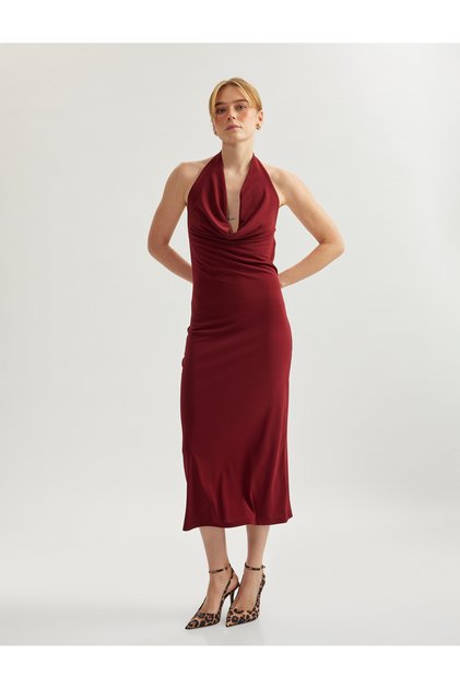 Sleeveless Slim Fit Midi Length Degaje Collar Low-Cut Dress