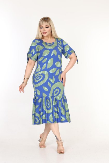 Plus Size Above Knee Square Neck Tie Detailed Short Sleeve Viscose Combed Cotton Stylish Design Comfortable Dress
