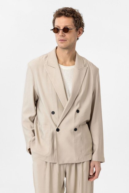 Bej Relax Fit Diagonel İnce Erkek Blazer Ceket