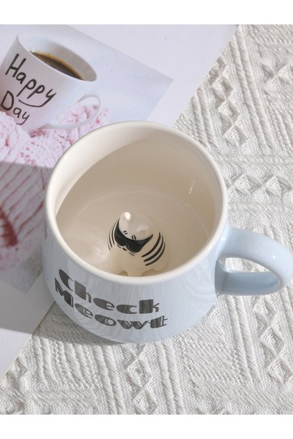 3D Kedi Figürlü Porselen Kupa – Eğlenceli Yazılı ve Sürprizli Tasarım, 350 ml