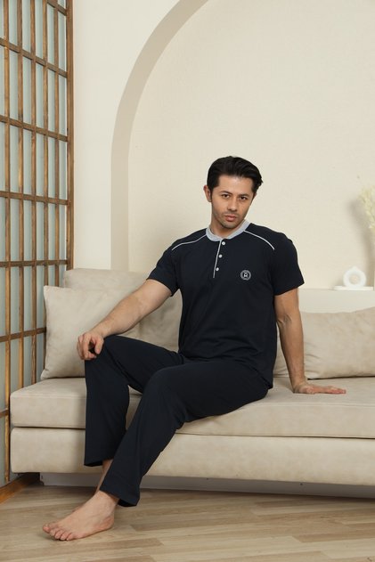 Short Sleeve Navy Blue Color Buttoned Collar Embroidered Men's Pajama Set