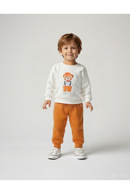 100% Cotton Teddy Bear Printed Long Sleeve Baby Boy Suit with Snap Collar