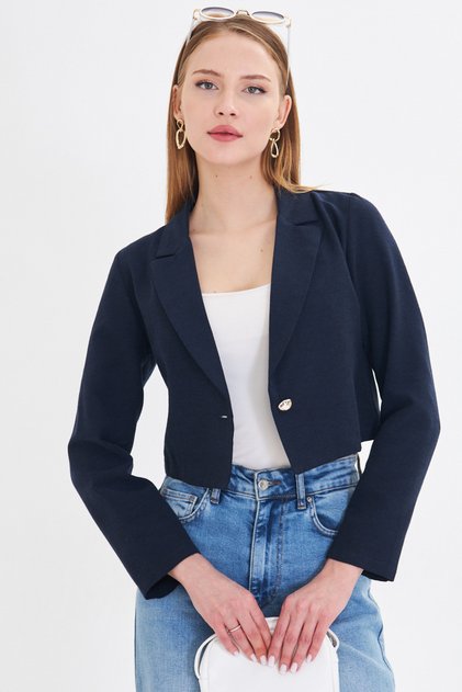 Women's Navy Blue Single Button Crop Jacket Arm-23Y 001064
