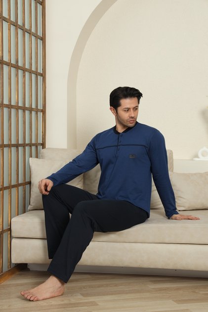 Mevsimlik Uzun Kollu İndigo Renk Patlı Düğmeli Erkek Pijama Takımı