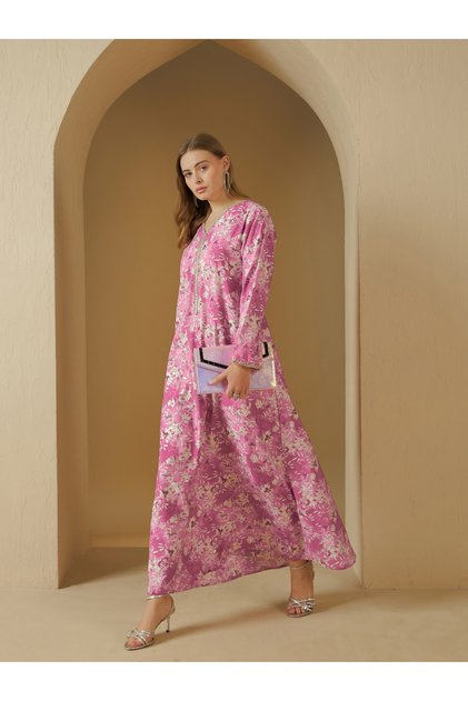 All Over Floral Print V Neck Jalabiya with Lace Trim