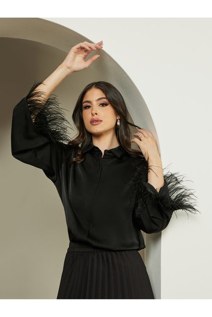 Feathered Trim Bell Sleeve Satin Oversized Shirt