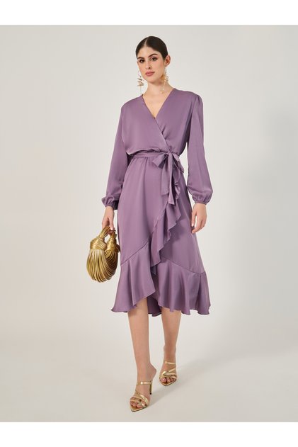 Balloon Sleeves Ruffled Detail Wrap Midi Dress