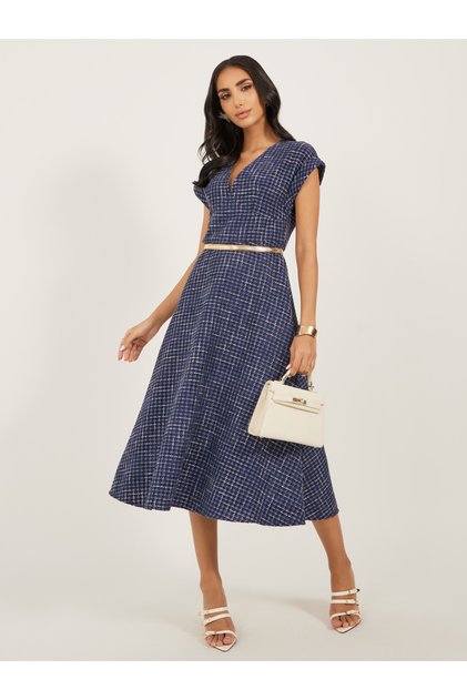 Tweed Cap Sleeves A-Line Midi Dress with Chain Belt