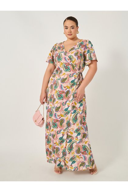Plus Size All-Over Print Satin Wrap Maxi Dress with Tie-Up Detail