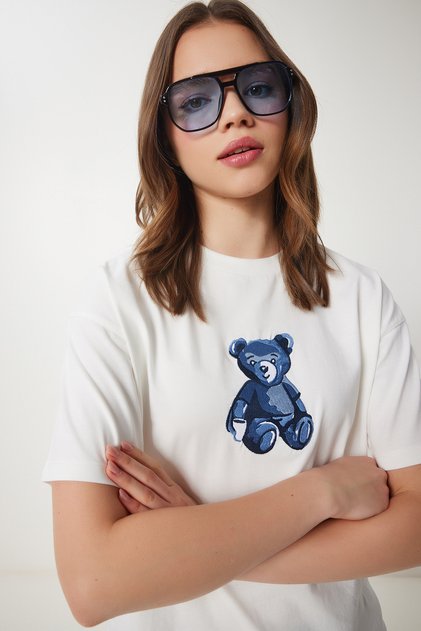 Women's Ecru Teddy Bear Embroidered Cotton Oversize Knitted T-Shirt Cr00460