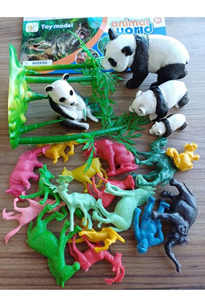 OYUNCAKSAHİLİ Panda Ailesi Hayvan Set 21 Parça Eşek Kurt Geyik Fil
