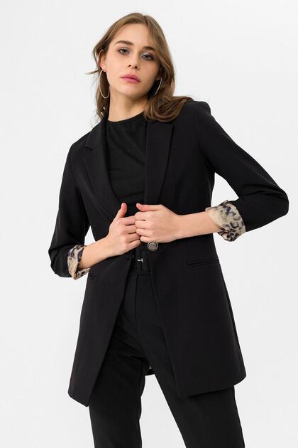 Kadın Astarı Leopar Desenli Tek Düğme Kapamalı Blazer Ceket 260327 -