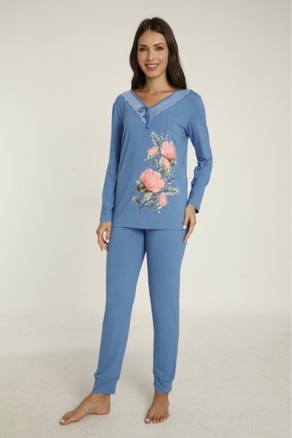 Women's Pajama Set with Lace Detail and Print