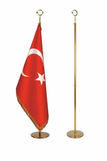 Makam Türk Bayrağı Seti Sarı Direkli 220cm Sarı Direkli Gold Varak Sarı Saçaklı