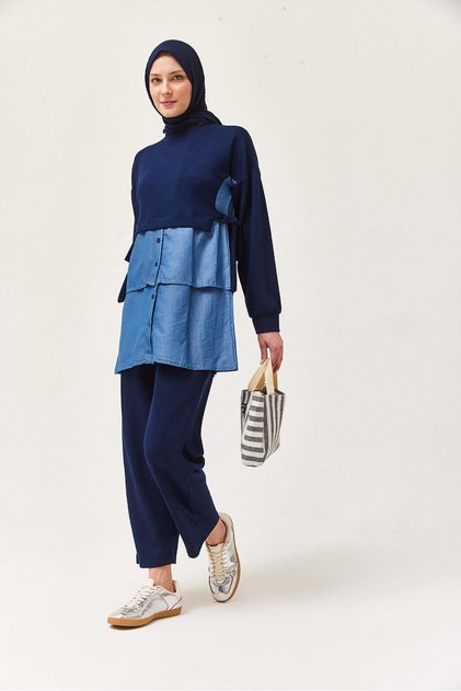 Denim Garnished Tied Double Suit Navy Blue